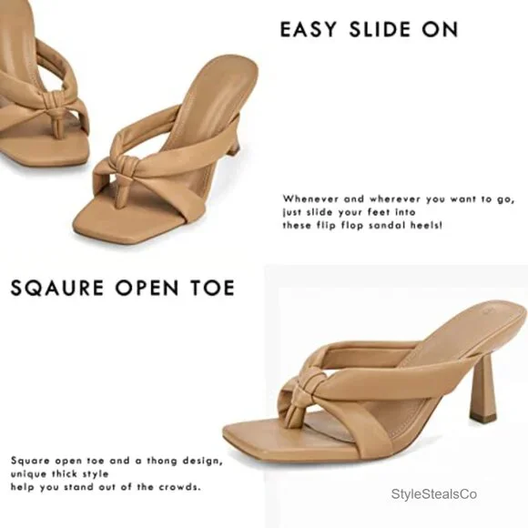 Square Toe Thong Heels Mules 2.75 Inch Kitten Heel Sandals Party Dress - Picture 4 of 7